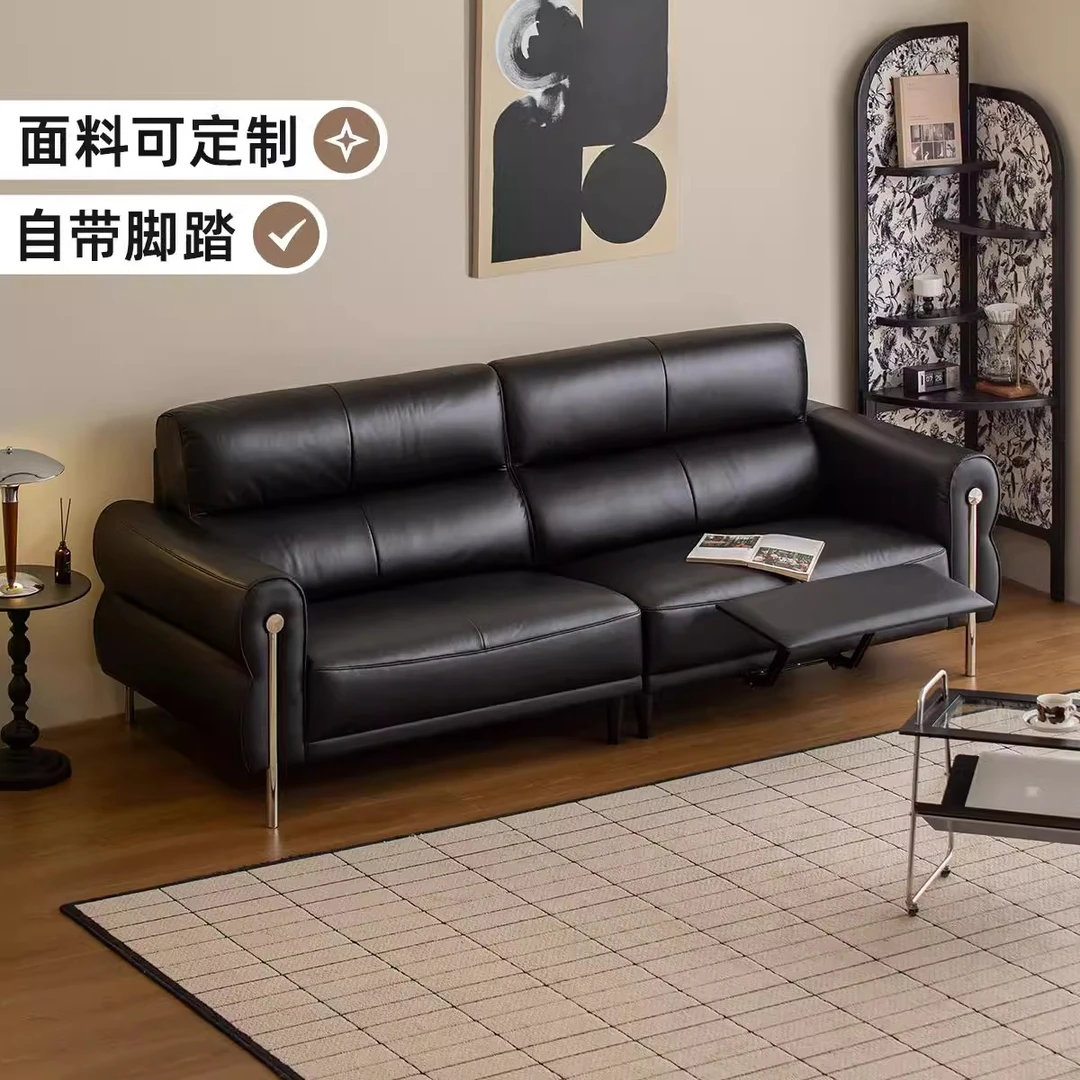 中古风真皮电动沙发客厅2024新款直排沙发复古轻奢中古皮艺沙发