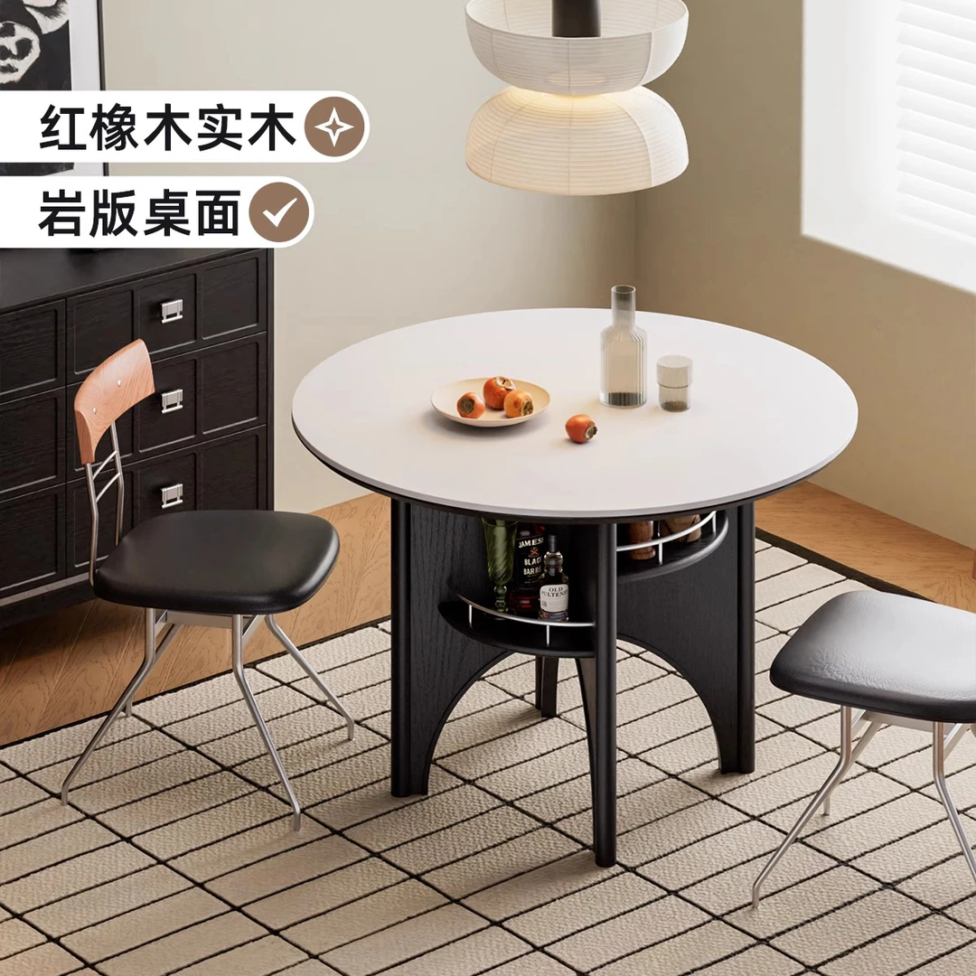 中古风岩板餐桌实木复古圆桌家用小户型饭桌法式圆形餐桌现代简约