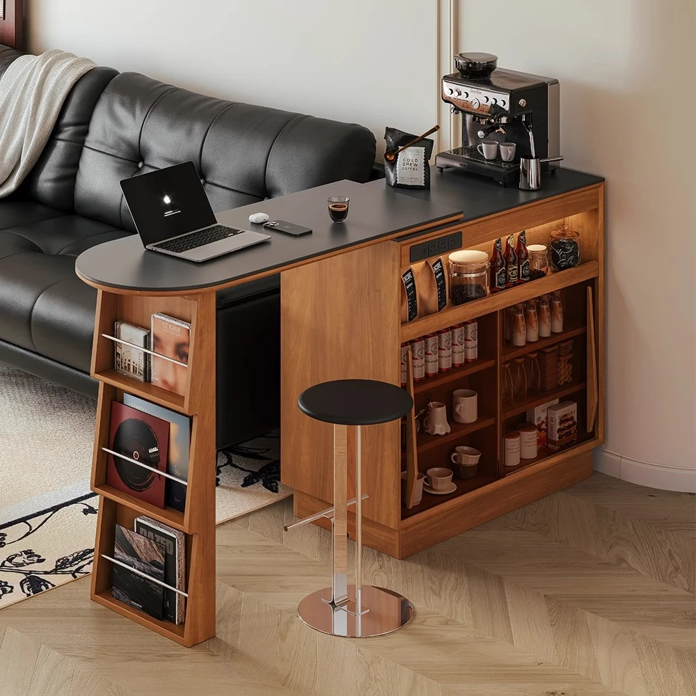 复古风实木中岛台餐桌一体可伸缩家用多功能小户型黄杨木岩板餐桌