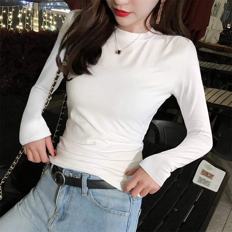 莫代尔棉简约纯色打底小立领打底衫内搭秋冬款长袖修身外穿上衣女