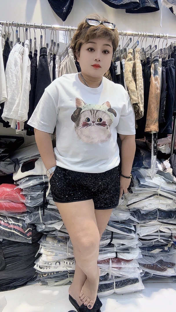日系可爱猫猫头烫钻重工卡通短袖T恤女夏季休闲宽松显瘦上衣