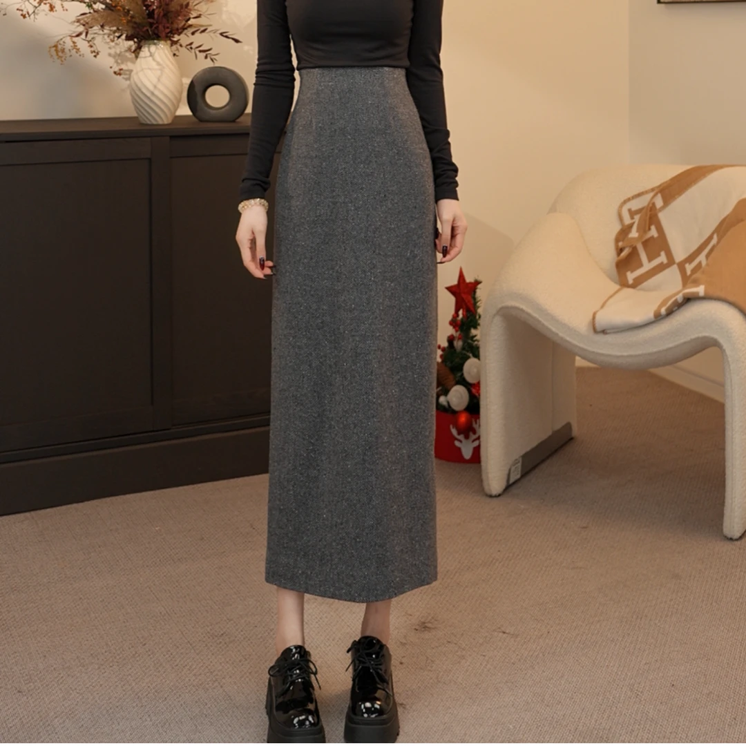 GIRDEAR/哥弟气质开叉遮肚子藏肉长裙千鸟格半身裙a字裙1200373