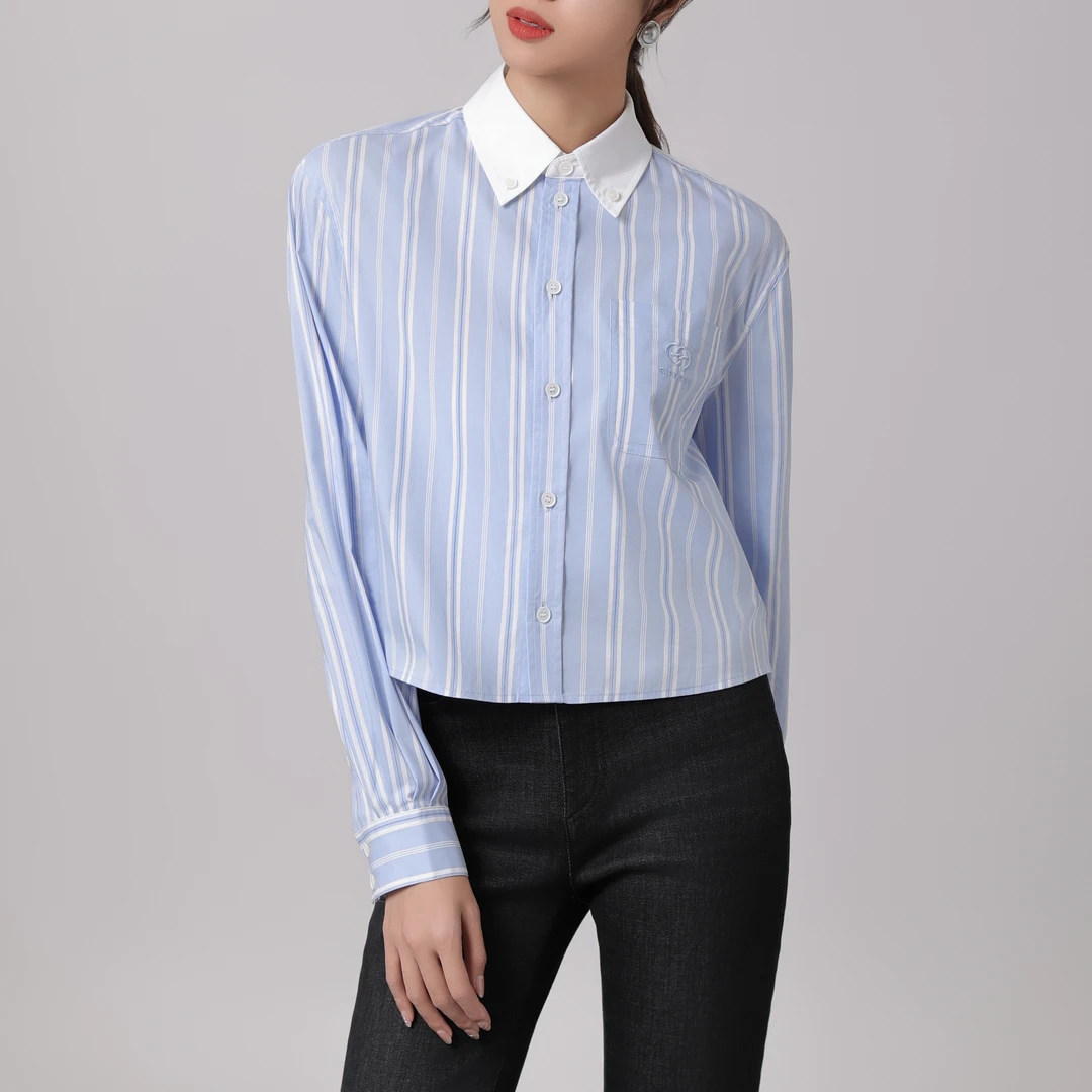 GIRDEAR/哥弟秋季蓝色长袖夏季条纹百搭休闲时尚宽松衬衣1300869