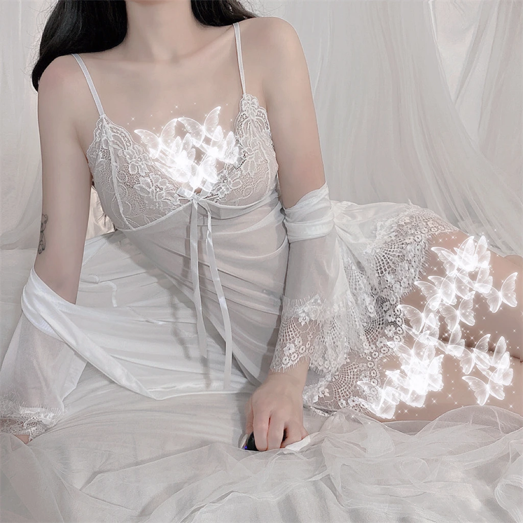 依恋（80-150斤）大码女士网纱拼接蕾丝边吊带睡裙套装1216轻奢