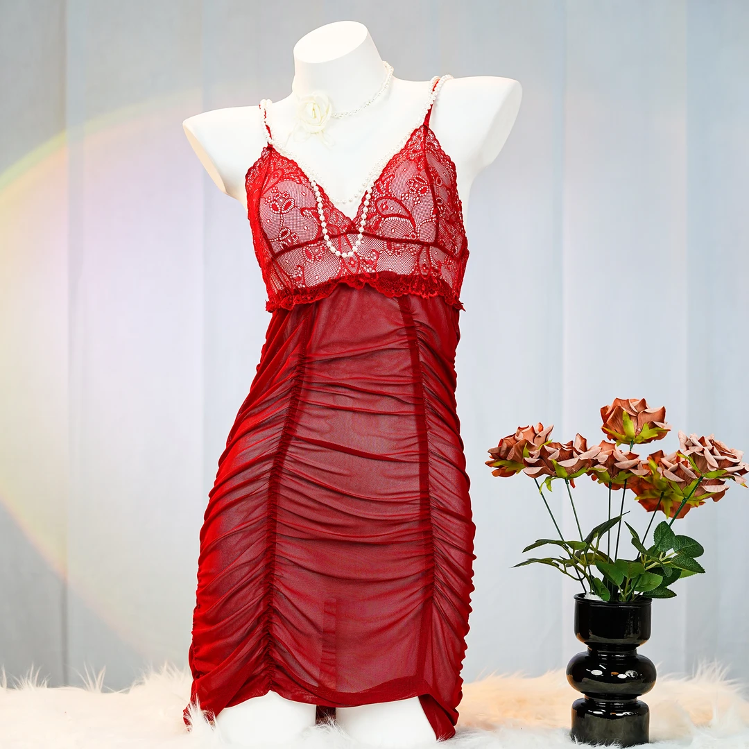 魅舞（80-150斤）大码珍珠链深v性感露背透视蕾丝褶皱睡裙1600显瘦