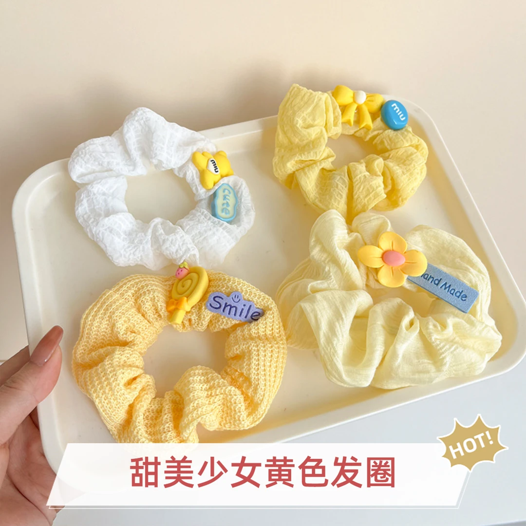 甜美少女黄色大肠发圈可爱花朵小熊发绳森系蝴蝶结头绳宝贝发饰品