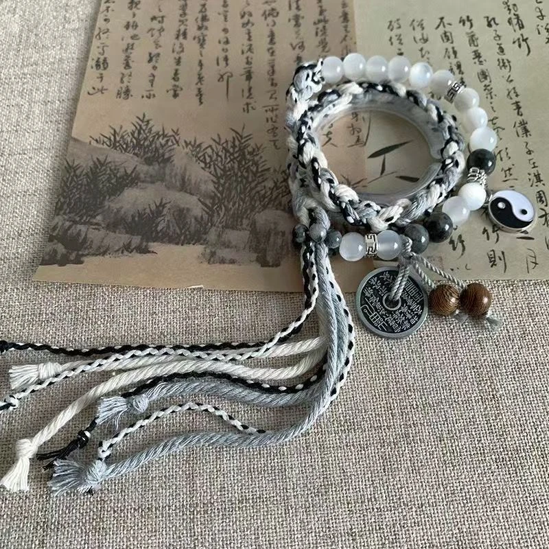 合金布艺手链 双生太极山鬼花钱新中式情侣手串手工编织手绳国风