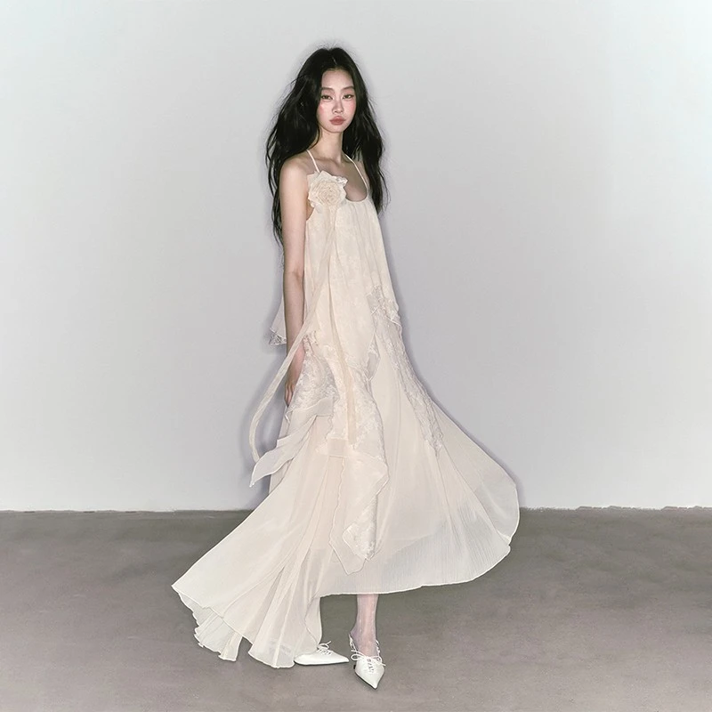 【专属】SALTHe盐茶 蔷薇旧叙 蕾丝立体花朵不规则吊带裙开衫