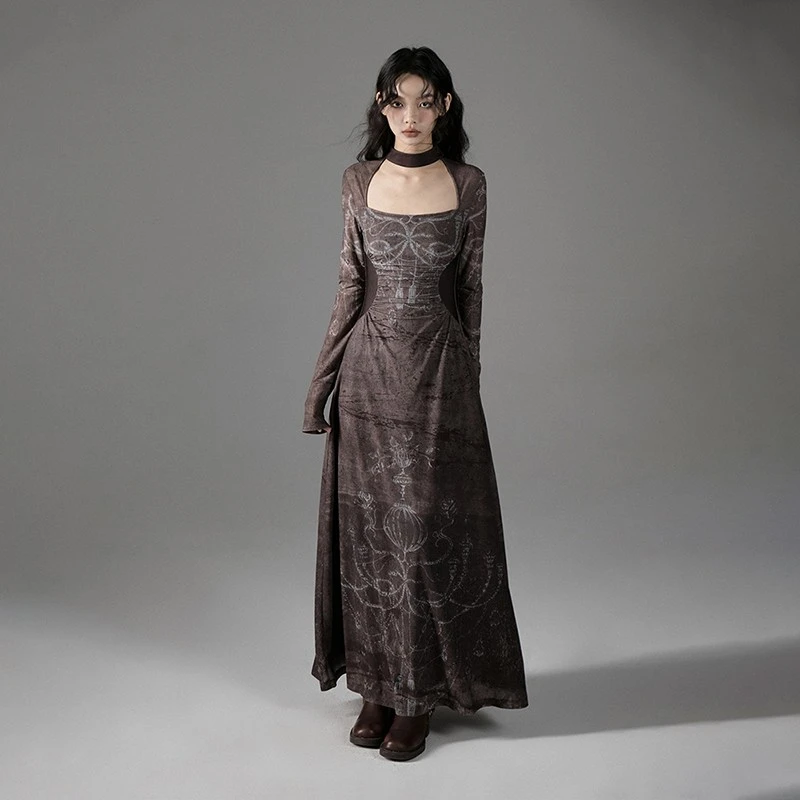 SALTHe盐茶 末日乌托邦 法式收腰修身复古连衣裙女春秋印花长裙子