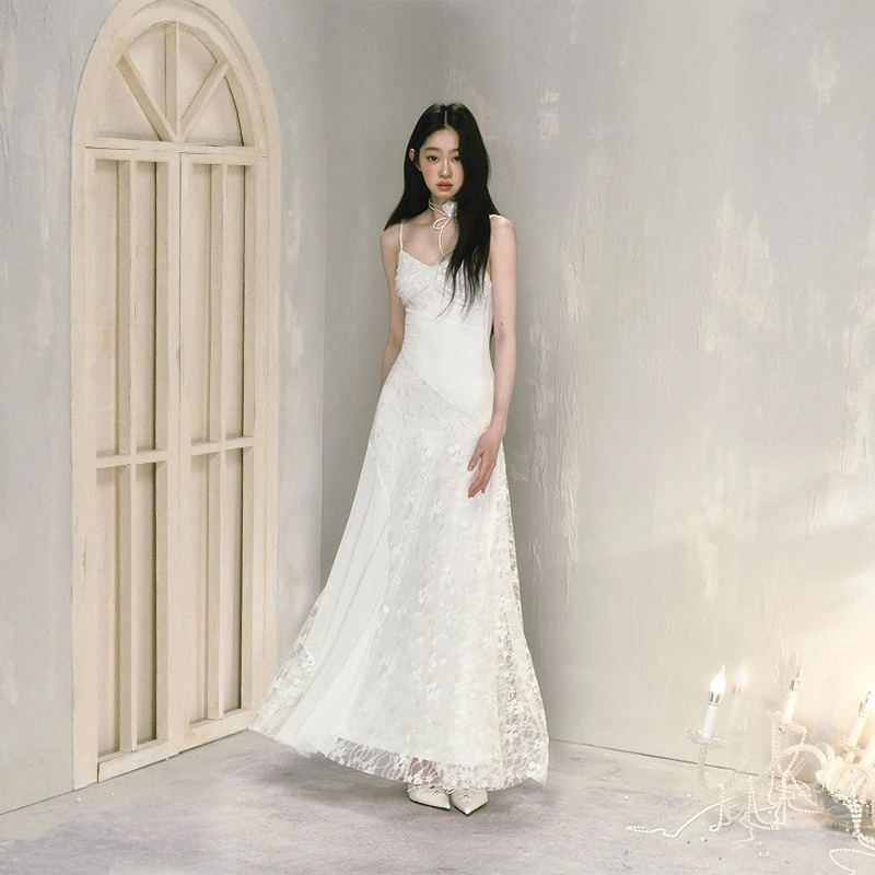 SALTHe盐茶【海盐白屿】纯欲温柔风蕾丝吊带裙女夏季新款收腰连衣裙