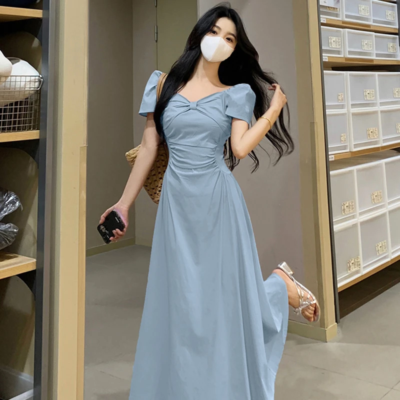 法式连衣裙2025新款女夏季高端精致可露肩气质显瘦短袖长裙子1607