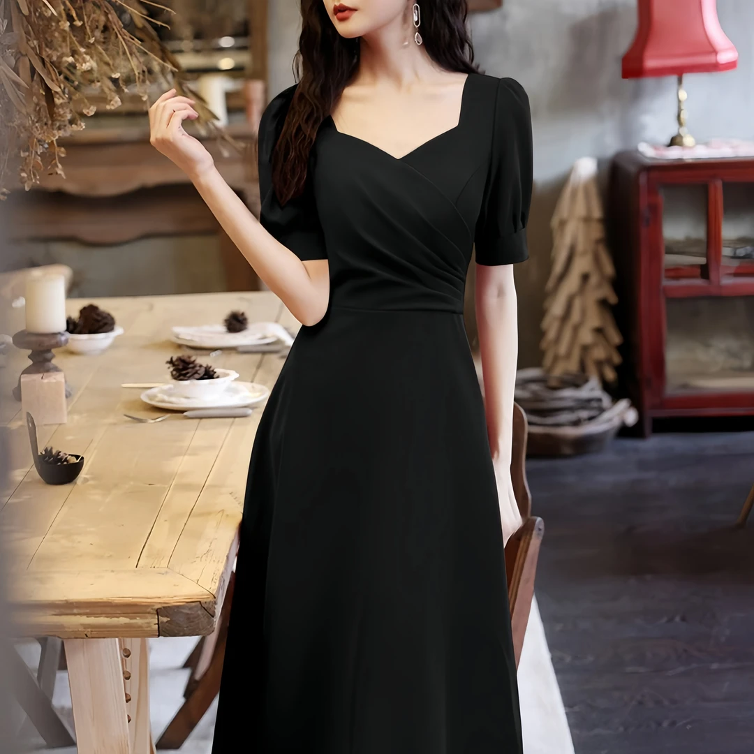 2025夏季新款法式气质显瘦连衣裙高级感泡泡袖a字裙7262