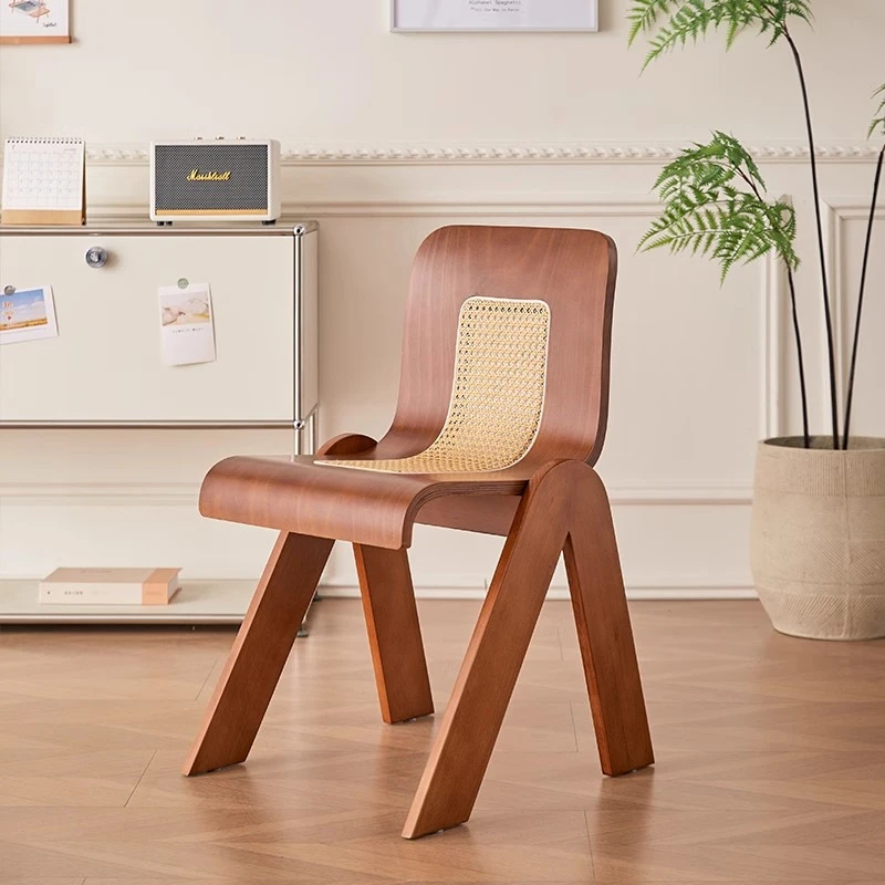 中古轻奢藤编C椅设计师法式家用餐桌椅卧室创意休闲梳妆化妆椅子