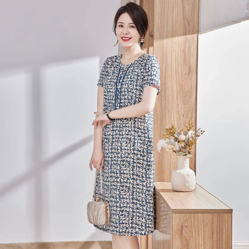 时尚妈妈夏季显瘦碎花气质宽松连衣裙中长款中老年女洋气大码裙子