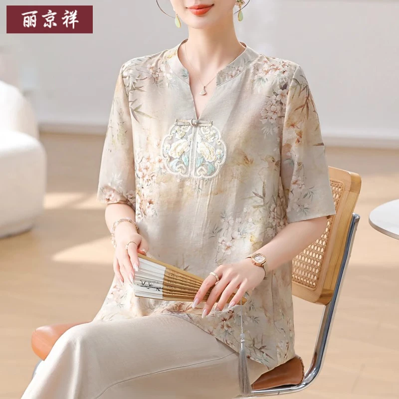 新中式妈妈夏装棉绸衬衫2025新款中老年人女夏季棉麻短袖t恤套装