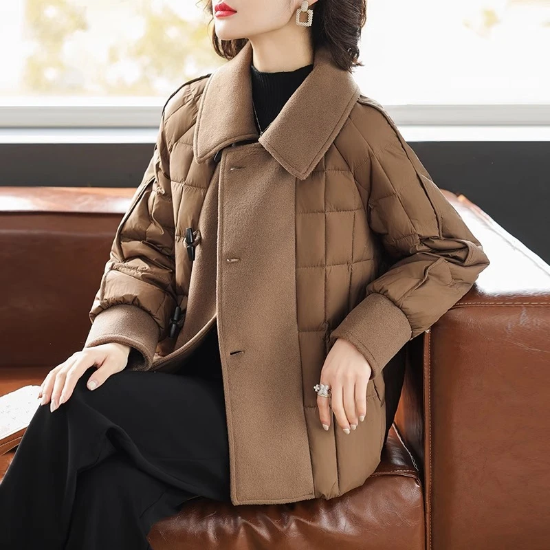 时尚妈妈冬装短款棉服洋气拼接毛呢外套中老年女冬季加厚棉袄