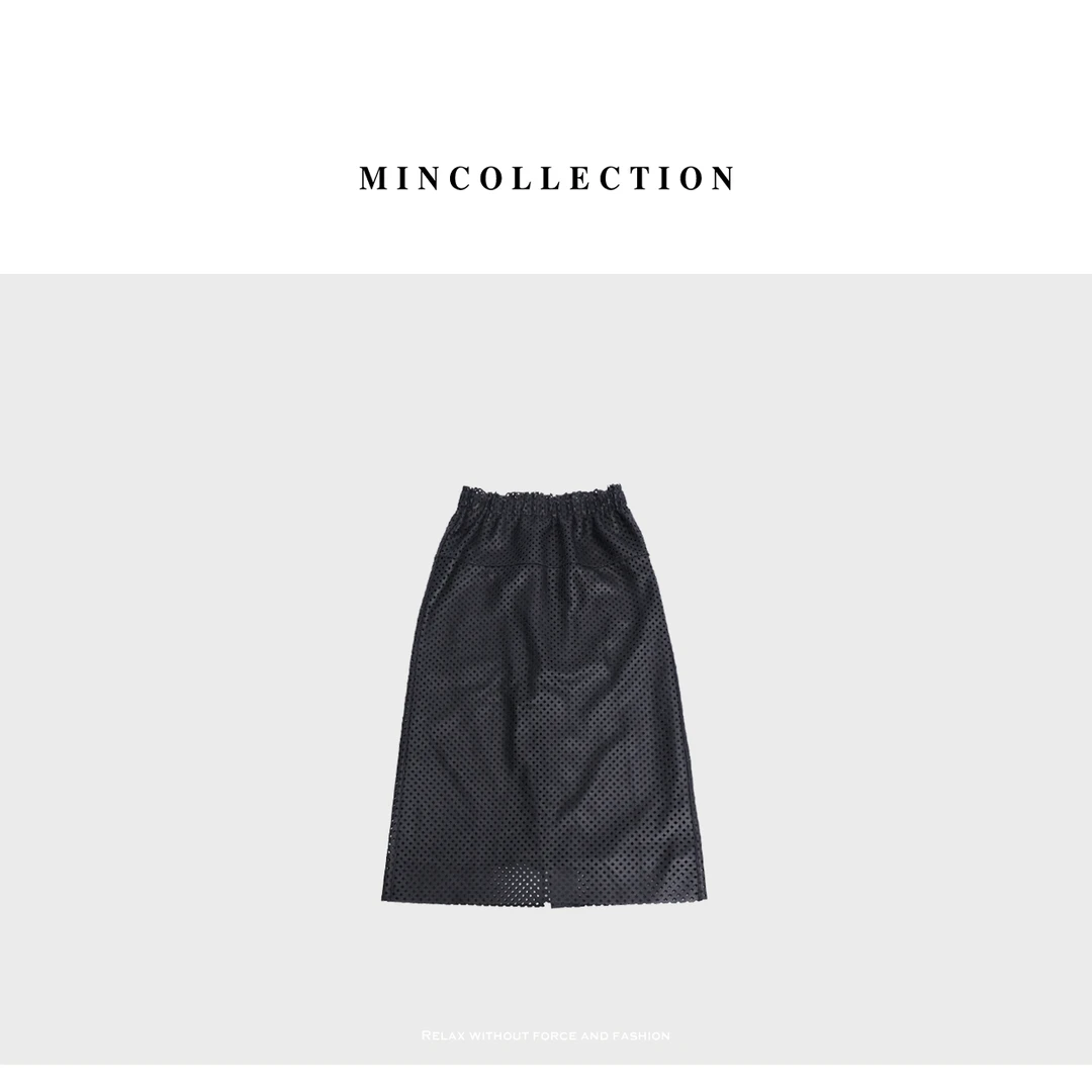 DE Mincollection 镂空皮裙/早秋法式方形松紧腰真皮中长款半身裙