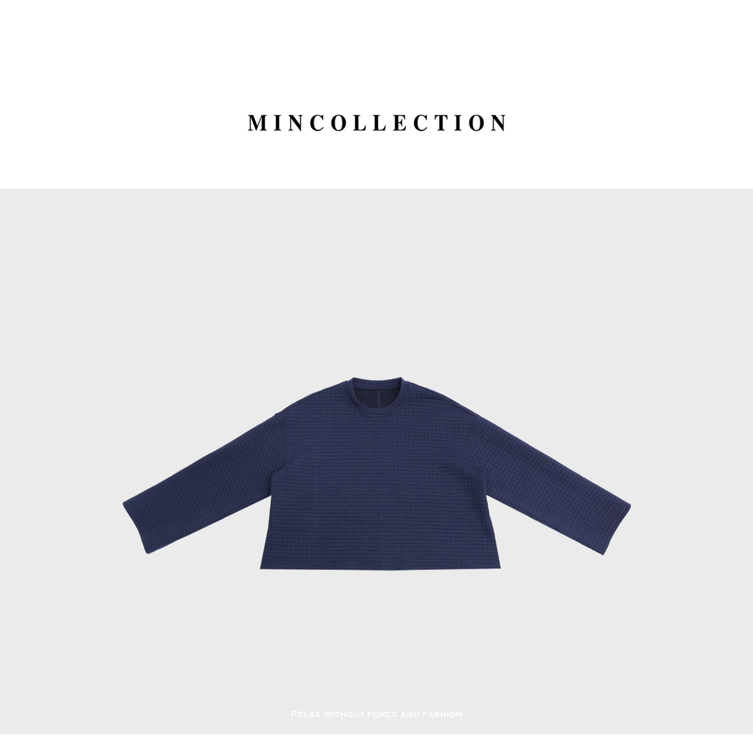 DE Mincollection藏蓝华夫格卫衣/显白廓形舒适圆领休闲卫衣40583