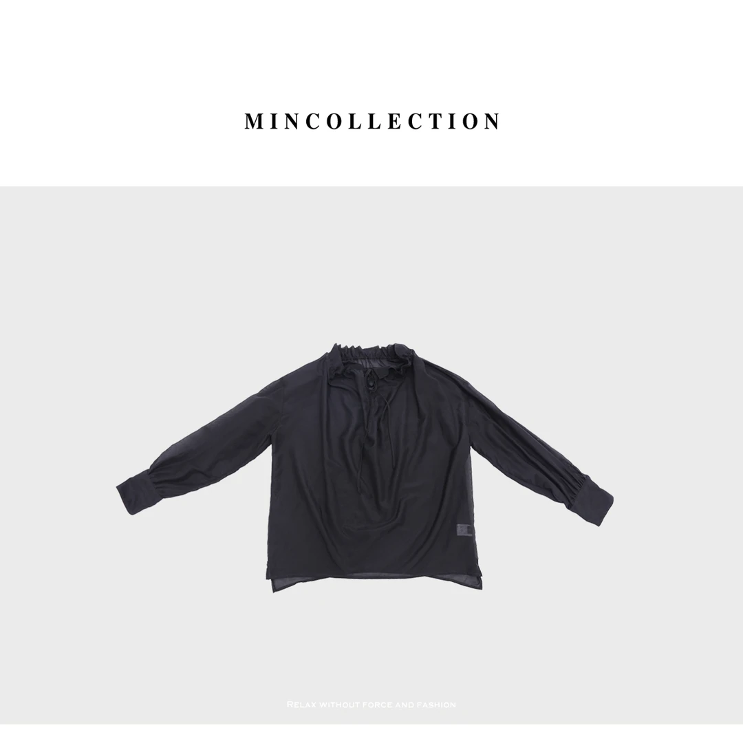 DE Mincollection木耳领上衣/夏季法式木耳边系带桑蚕丝轻薄衬衫