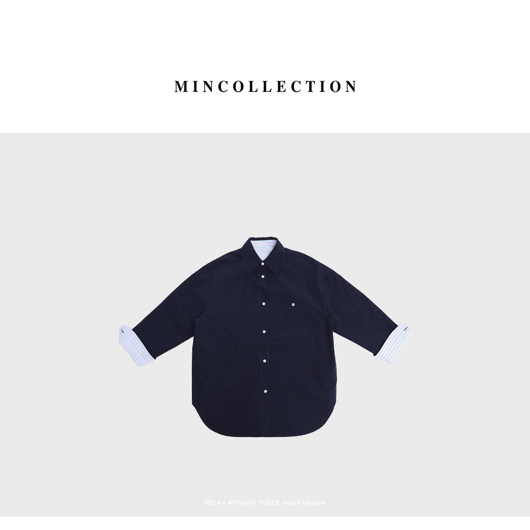DE Mincollection两面穿外套/秋季日系工装风蓝条纹挺括棉质外套