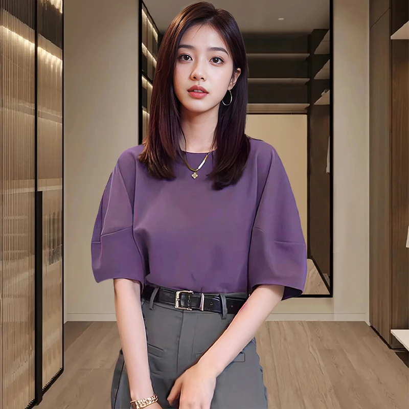 纯色蝙蝠灯笼袖短袖t恤女士2025夏季新款休闲百搭遮肚子体恤上衣