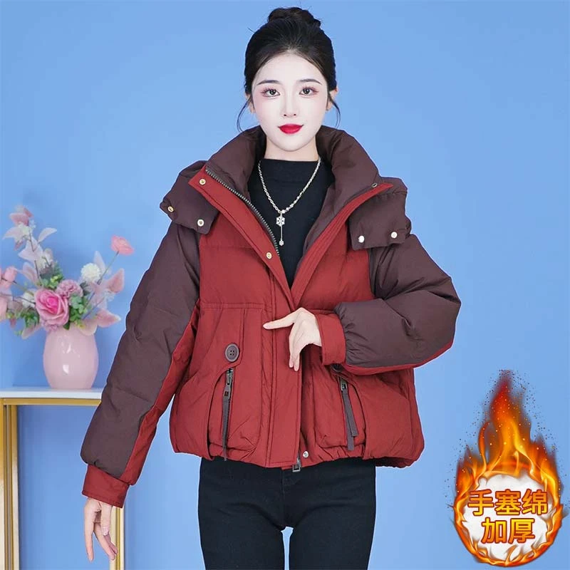韩版高级感撞色短款棉服女2024年秋冬季新款高档显瘦加厚保暖外套