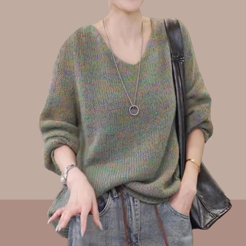 2025春秋新款显瘦洋气减龄百搭长袖女士毛衣慵懒风气质渲染针织衫