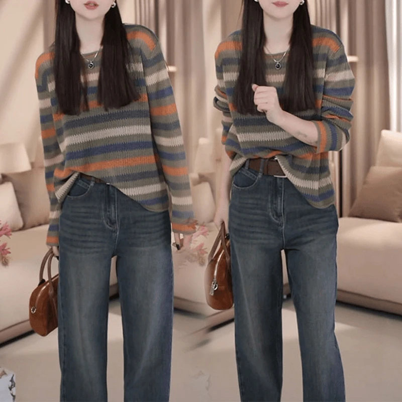 韩版时尚百搭条纹长袖针织衫女2025春秋新款圆领休闲显瘦外穿上衣