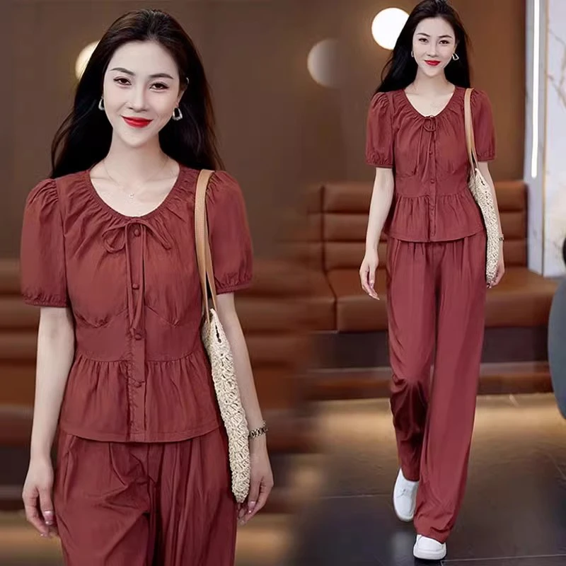 时尚阔腿裤套装女2025夏季新款洋气质显瘦时髦减龄休闲短袖两件套