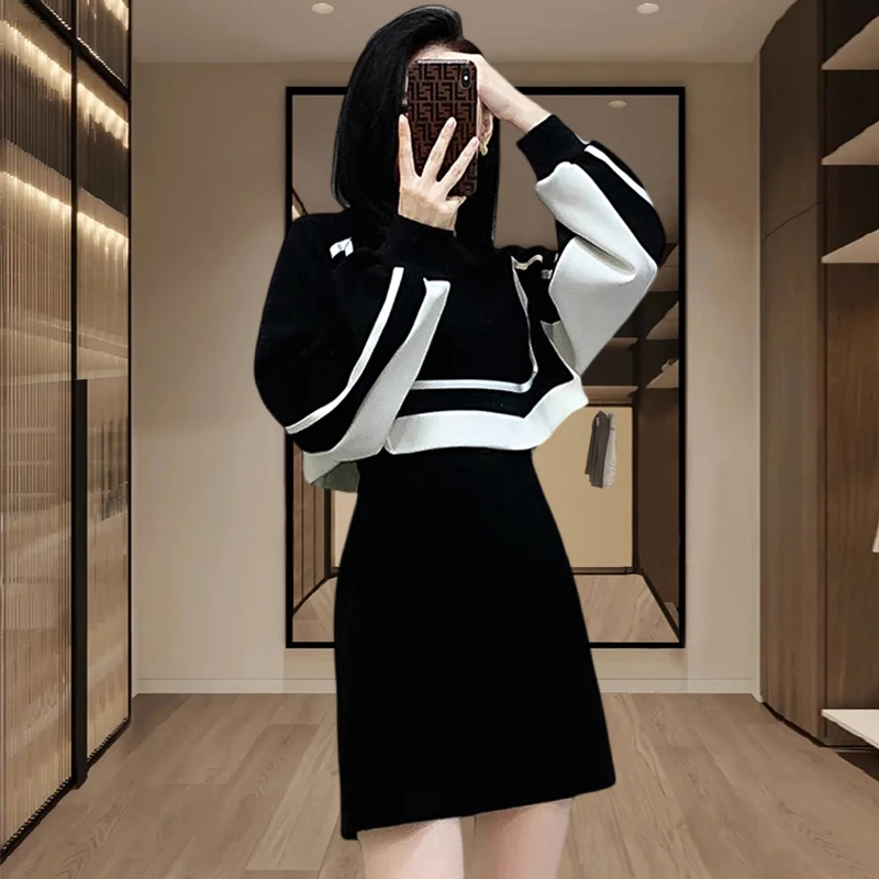 春秋连衣裙女士2025新款时尚假两件连身裙小个子长袖圆领撞色裙子