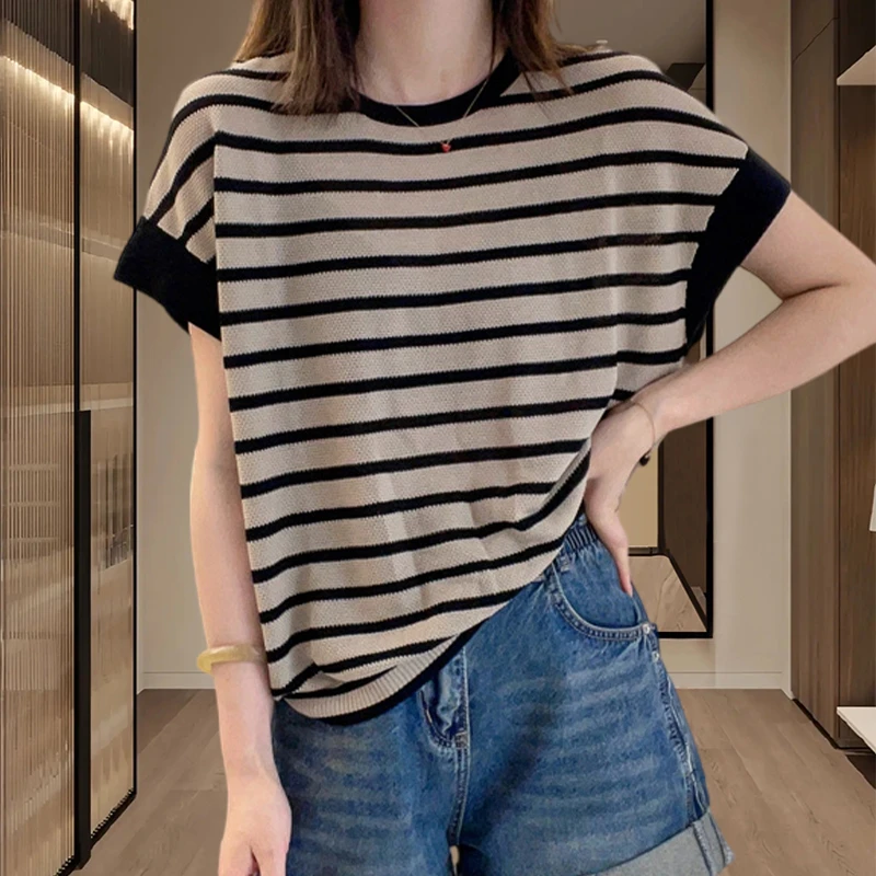 复古条纹短袖针织衫女2025夏季新款薄款时尚洋气欧货气质减龄上衣