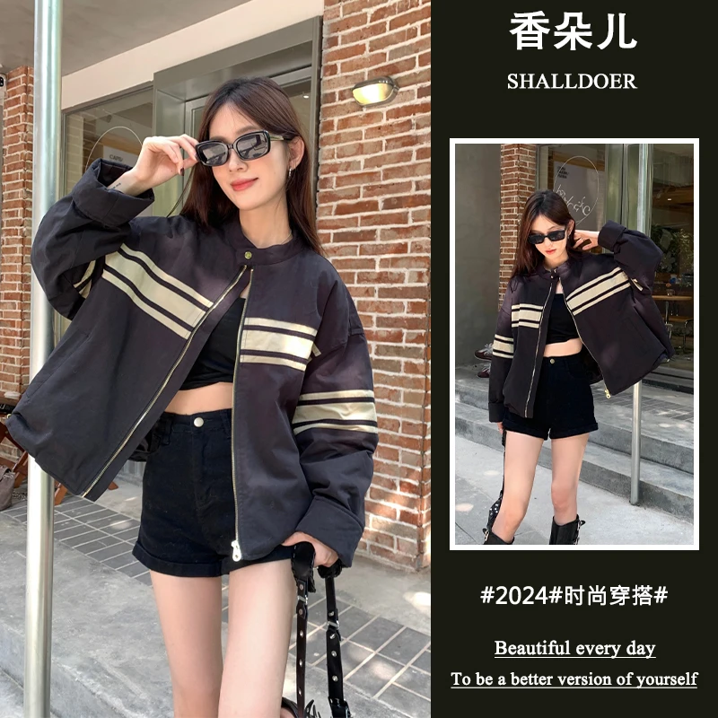 撞色条纹拼接棒球服春秋2026新款小个子高级感通勤女装时尚棒球服