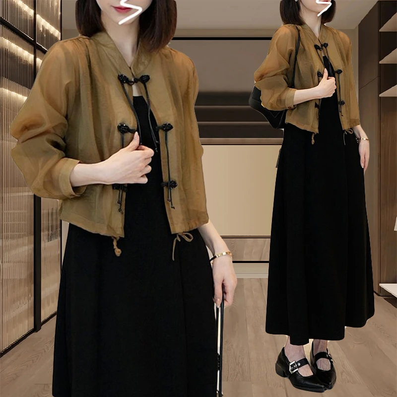 新中式国风套装裙女夏季2025新款黑色吊带连衣裙子开衫外套两件套