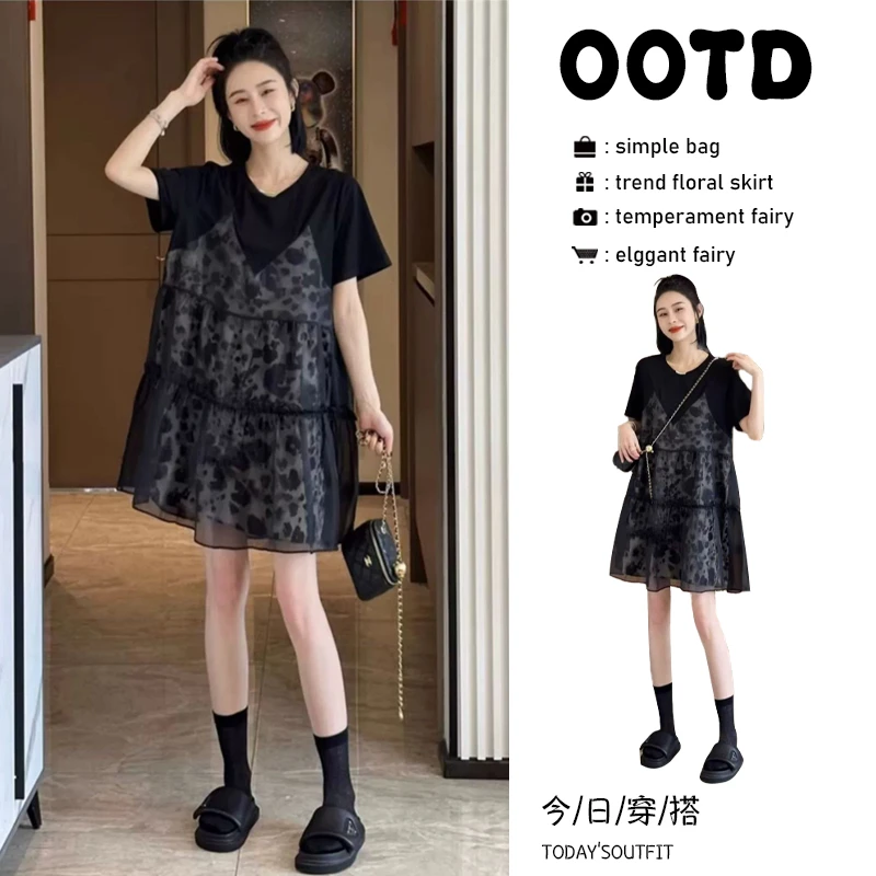 法式洋气假两件连衣裙2025夏季新款显瘦减龄中长裙子女款气质服装