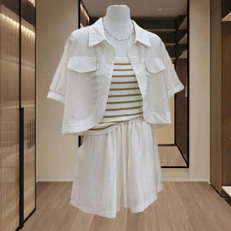 2025夏季新款时尚防晒衫上衣衬衫短裤洋气小个子休闲套装女三件套