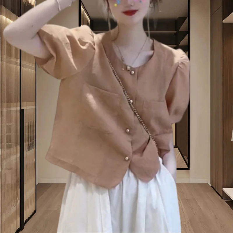 短袖衬衫女薄款2026年夏季新款小个子气质爆款泡泡袖法式绝美上衣