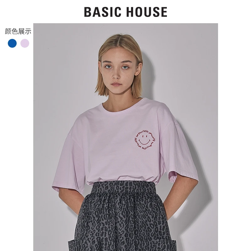 Basic House/百家好22年夏刺绣t恤女圆领纯棉高能感B0062B50102