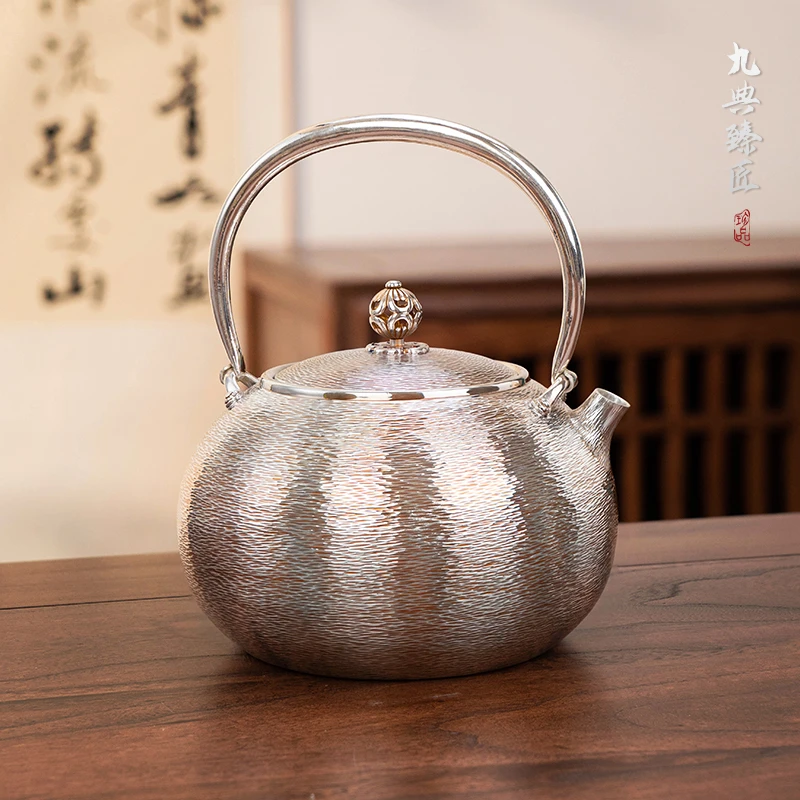 做旧横纹银壶足银999手工中式复古大容量提梁烧水壶家用高档茶具