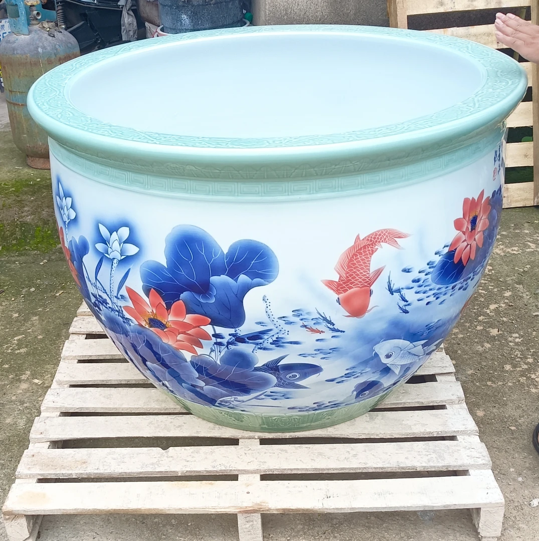 景德镇中式主人杯青花陶瓷大鱼缸风水摆件直径一米高72厘米特大号