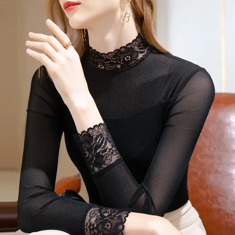 蕾丝打底衫女内搭长袖网纱小衫秋冬季显瘦新款洋气百搭半高领上衣
