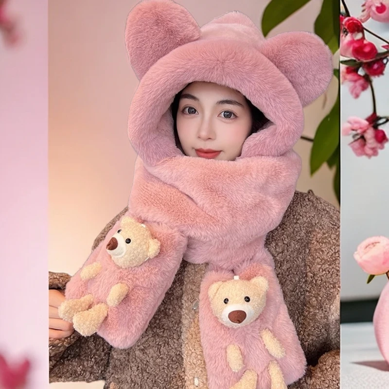 儿童帽子围巾手套一体秋冬可爱女童宝宝套头帽子围脖套装加厚毛绒