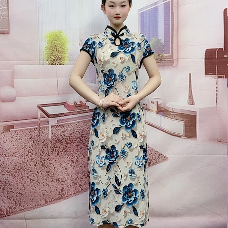 富贵兰花短袖修身复古夏季旗袍裙气质日常外穿中式中国风旗袍裙