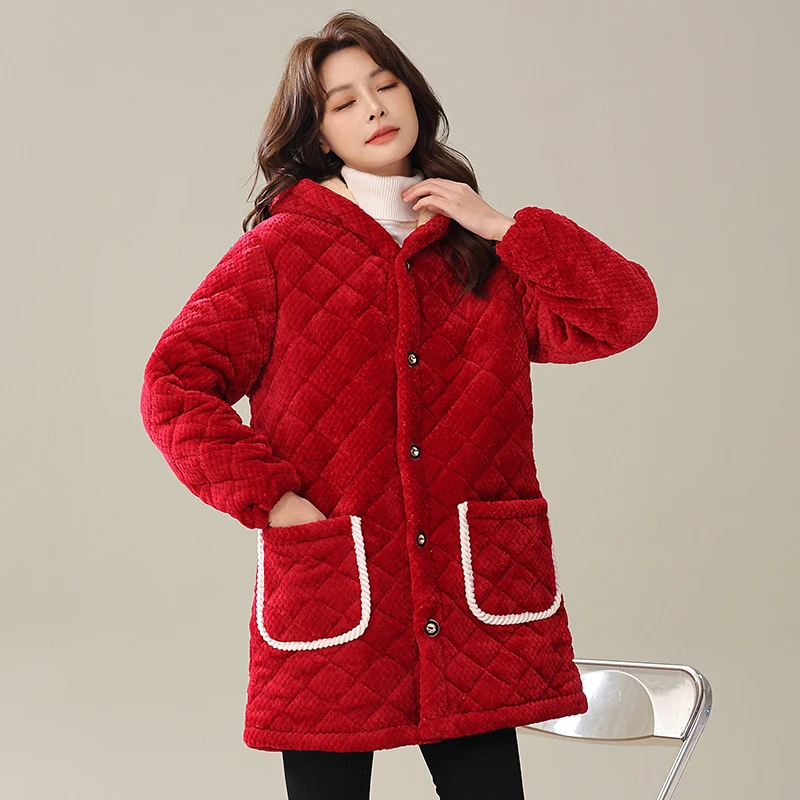 加绒加厚保暖中长款加棉居家外穿工作服大码冬季新款保暖棉罩衣女