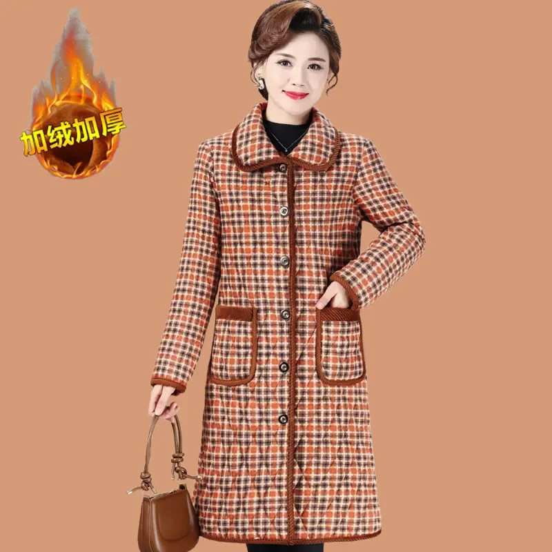 中老年人女冬装加绒长版厚棉衣妈妈加厚棉服大衣奶奶装翻领棉袄外