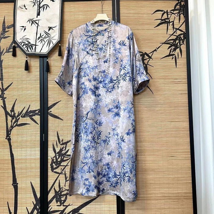 【青竹】新款重工老料新中式复古盘扣提花花萝气质减龄宽松连衣裙