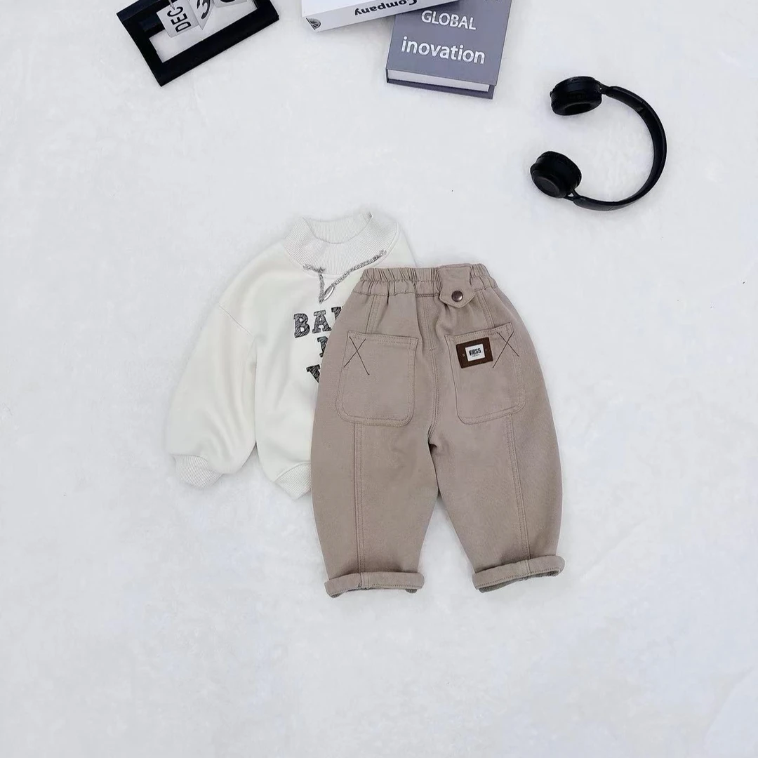 【町木优品】儿童冬季百搭男童设计版型纯色贴标韩版加绒布裤 K6172