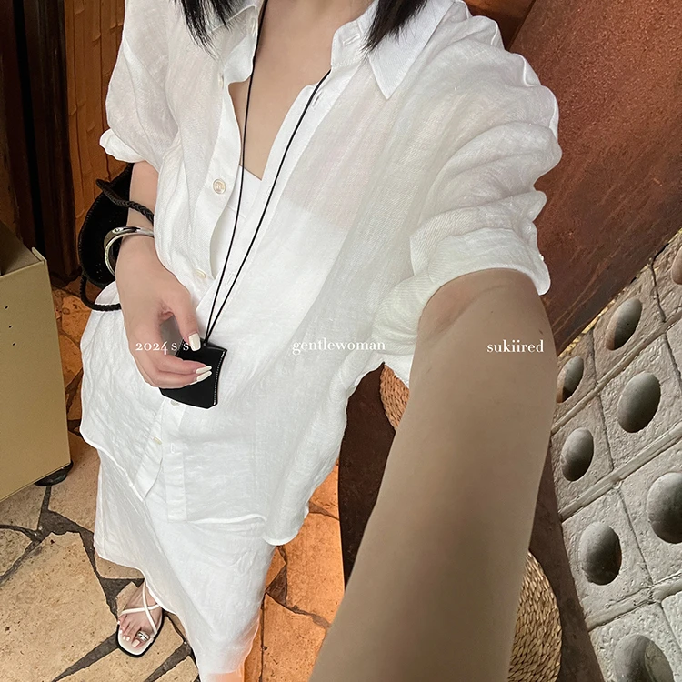 sukiired夏季苎麻长袖短袖衬衫直筒半裙抽绳短裤套装系列薄款