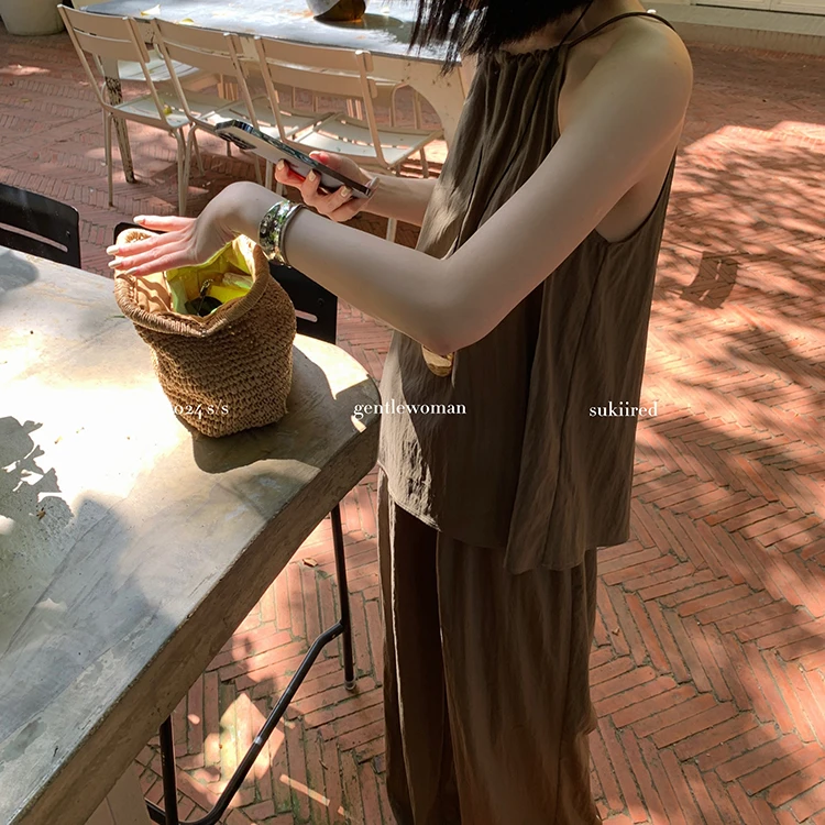 sukiired褶皱感挖肩橡皮筋吊带无袖松紧腰阔腿长裤两件套宽松