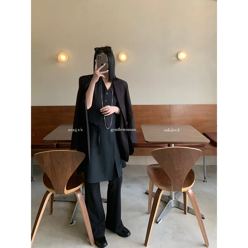 sukiired百搭休闲黑色裸感亲肤针织弹力裤微喇显瘦显腿长垂感 .特