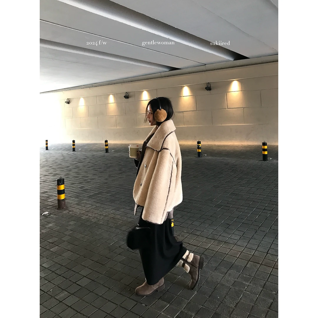 sukiired长短两款大翻领设计环保毛皮毛一体撞色拼接大衣外套